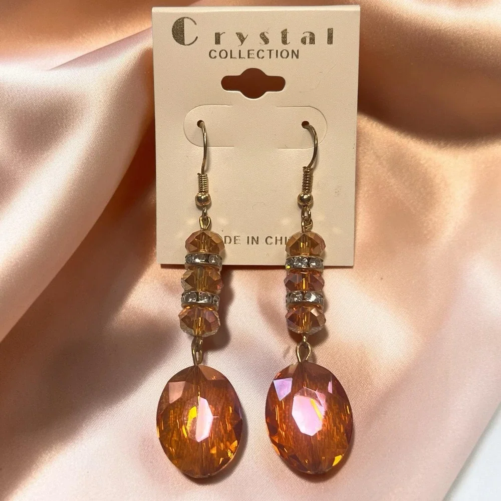 Orange Bead Dangle Earrings Large Crystal Boho Jewelry Crystal Collection 2.75in